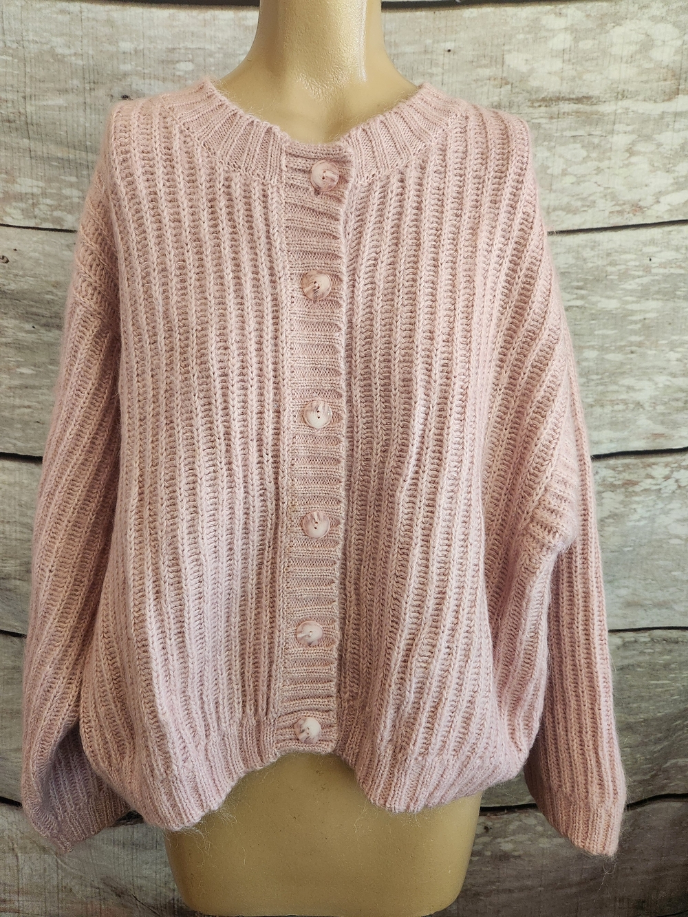 L.L. Bean Mohair Ribbed Button-Front Cardigan - Blush Pink